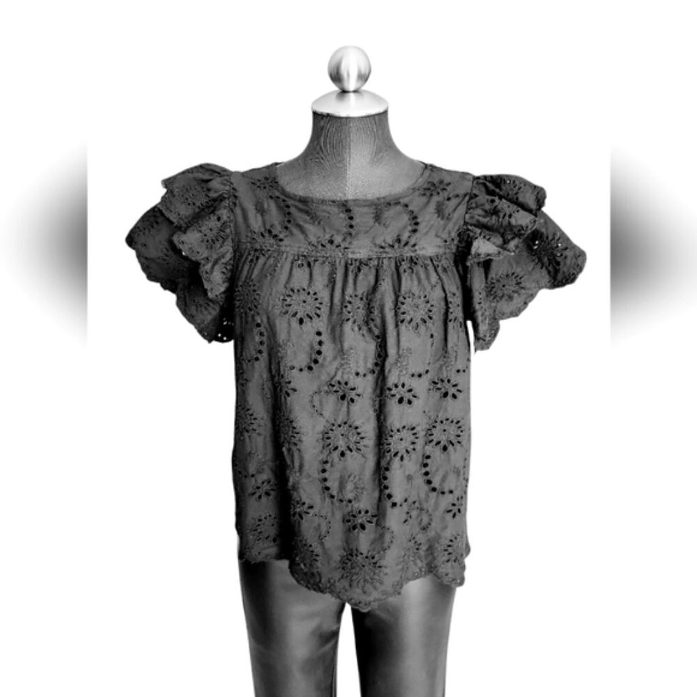 Industry Black Eyelet  Ruffle Sleeve Blouse Sz M